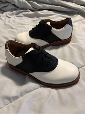 School Issue Two-Tone Kids Saddle Shoes in White and Black with Brown Sole